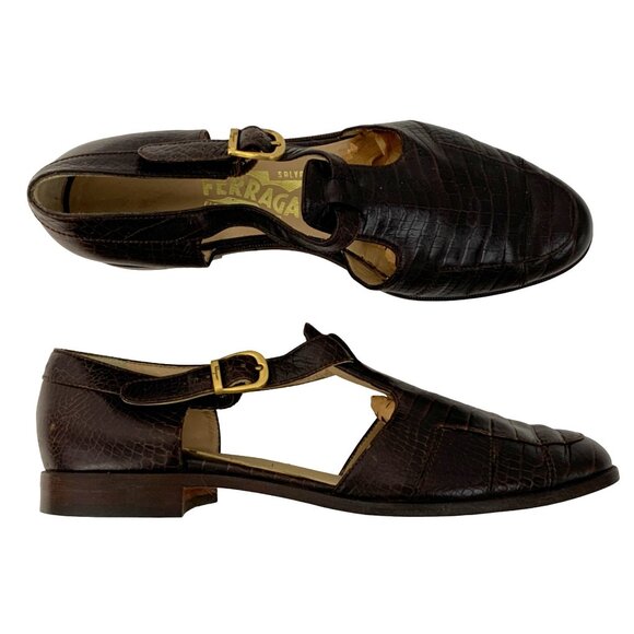 VTG Ferragamo 7B Crocodile Leather T-strap Buckle Shoes Flat Brown Italy 7965 - Picture 1 of 15
